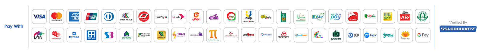 Pay with cards, mobile banking and internet banking — verified by SSLCommerz